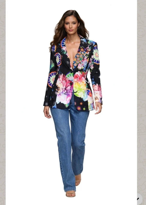 Blazer en broek zwart met neon bloemen